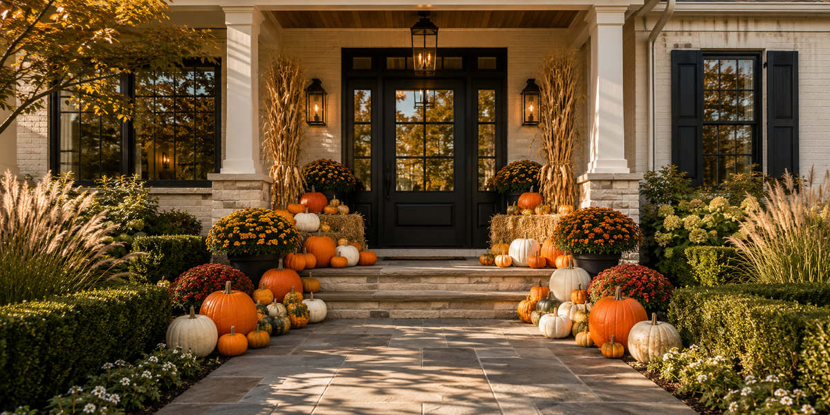 Porch Pumpkin Co. fall porch pumpkin display installed on a Chicago-area porch